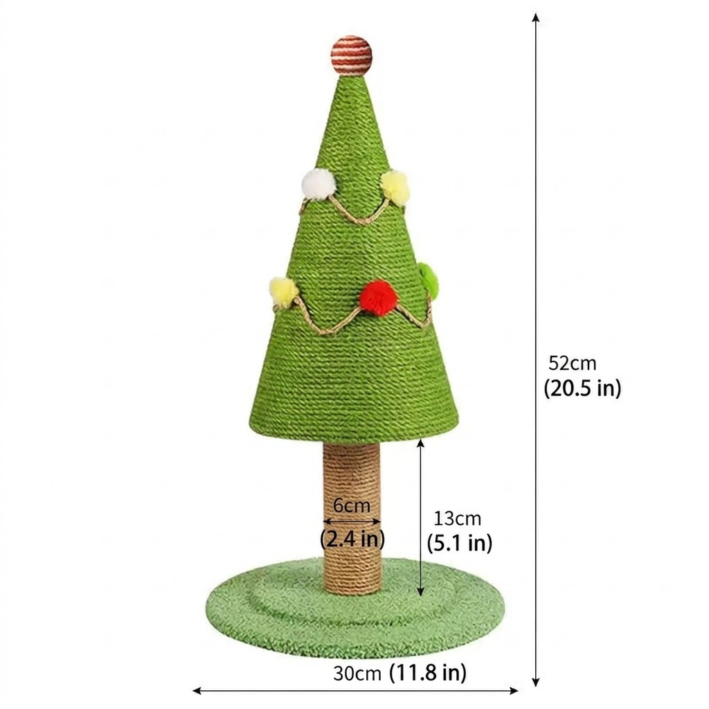 Christmas Tree Cat Scratching Post with Natural Sisal Rope, Durable Large Cat Scratcher with Plush Faux-Grass Base, Pom-Pom Decor, Festive Indoor Play Center for Kittens and Adult Cats to Sharpen Claws, Stretch, and Protect Furniture (20.5*11.8in)