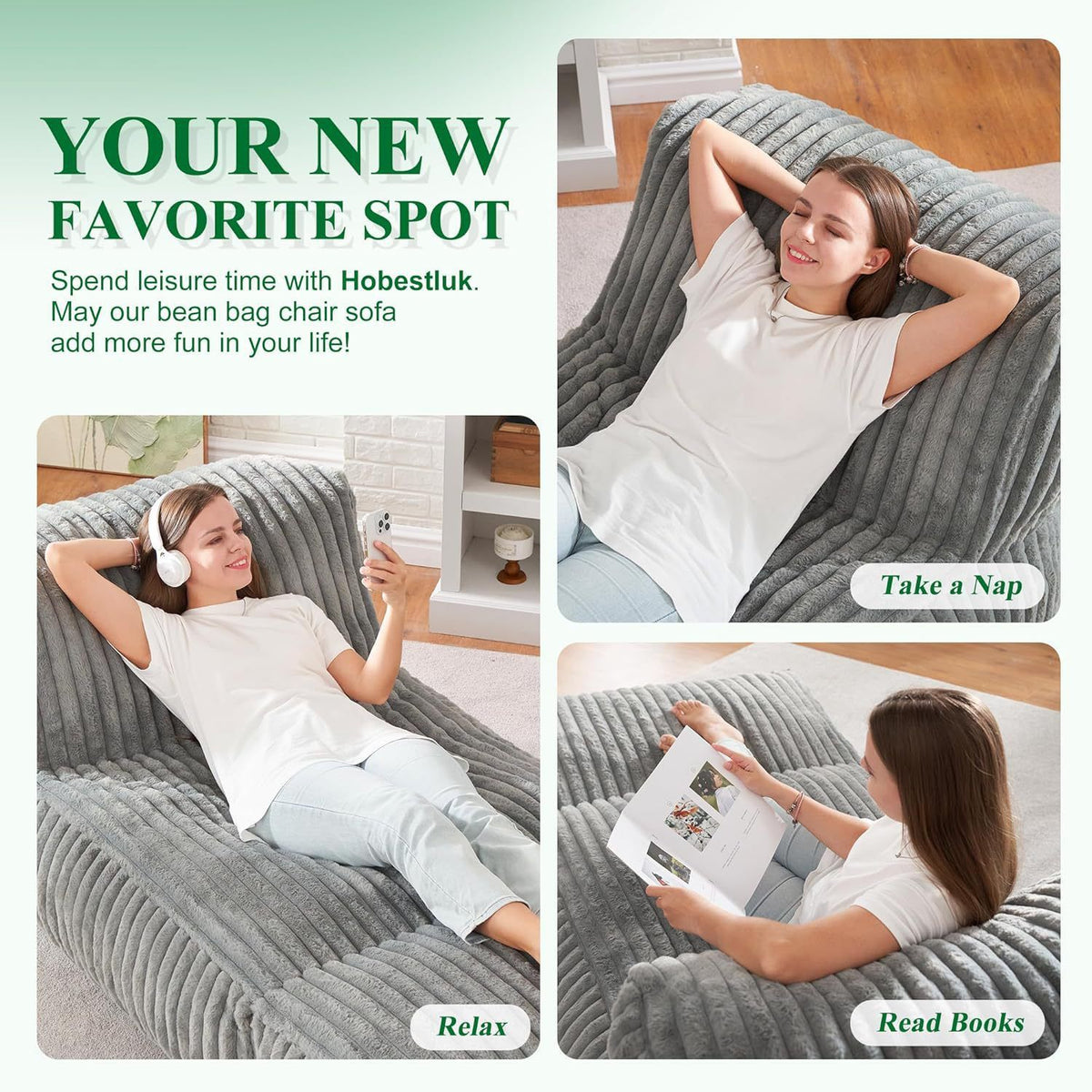 Ergonomic Bean Bag Chaise Lounger with Vertical Plush Fabric and High-Density Foam for Living Room Reading, Napping, and TV Watching (Beige)