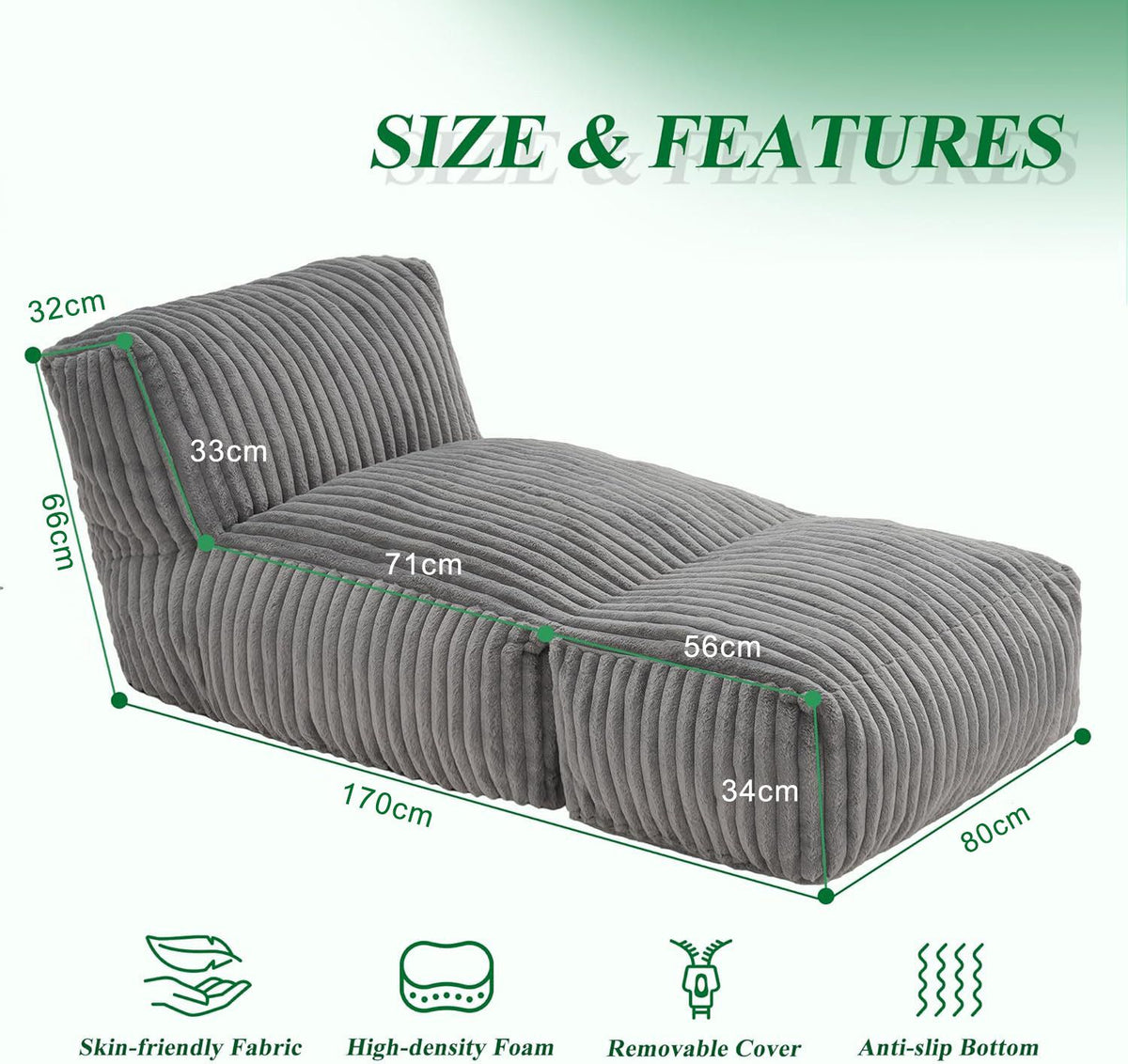 Ergonomic Bean Bag Chaise Lounger with Vertical Plush Fabric and High-Density Foam for Living Room Reading, Napping, and TV Watching (Grey)