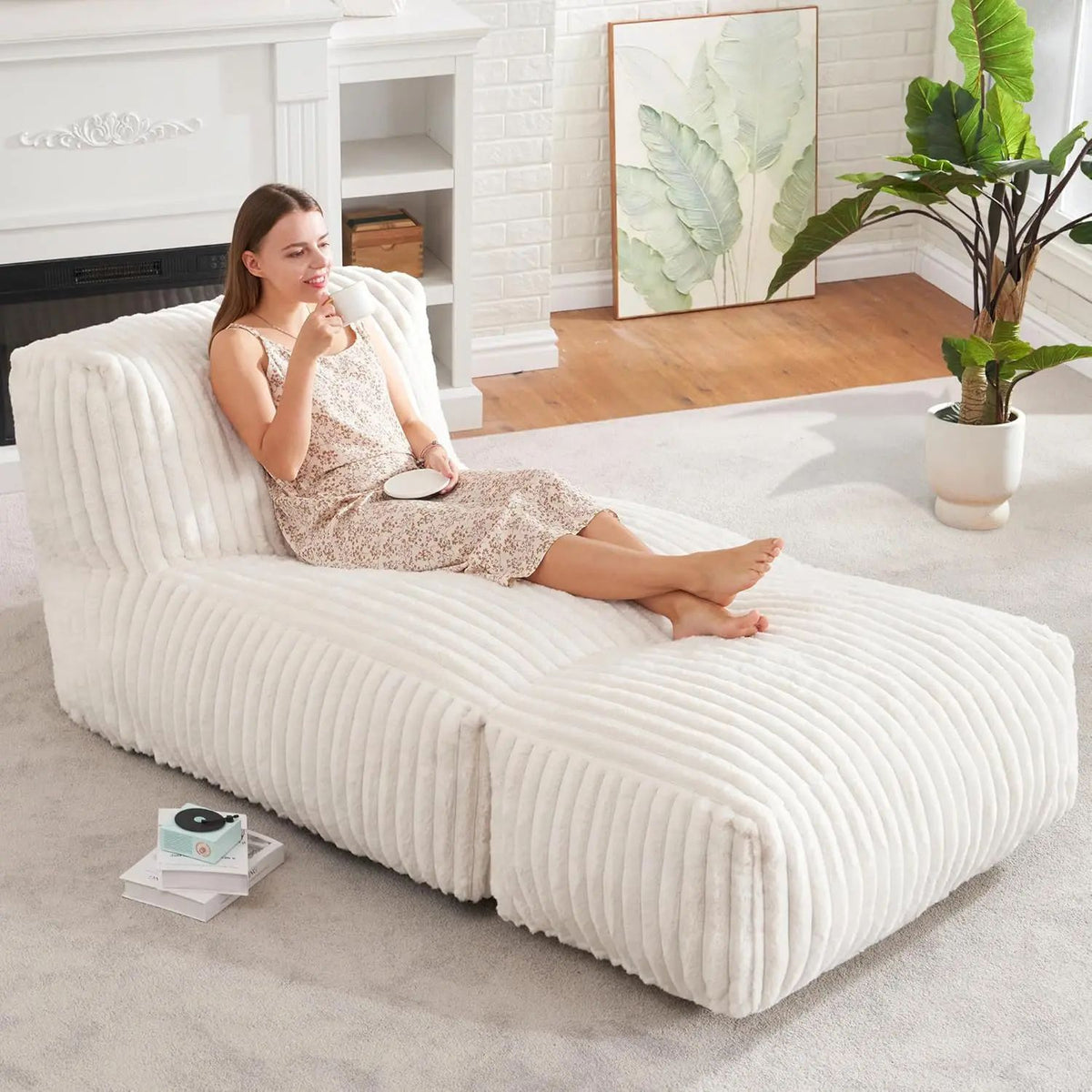 Ergonomic Bean Bag Chaise Lounger with Vertical Plush Fabric and High-Density Foam for Living Room Reading, Napping, and TV Watching (Grey)