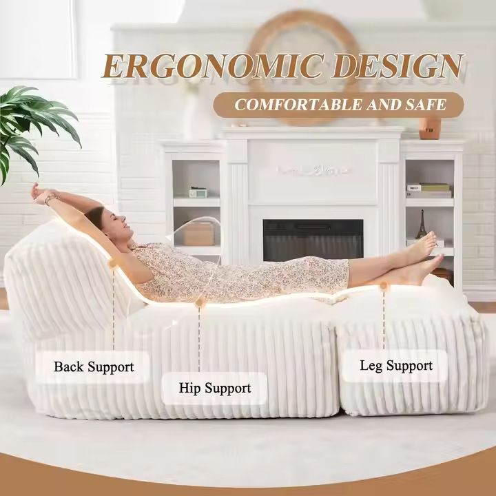Ergonomic Bean Bag Chaise Lounger with Vertical Plush Fabric and High-Density Foam for Living Room Reading, Napping, and TV Watching (Khaki)