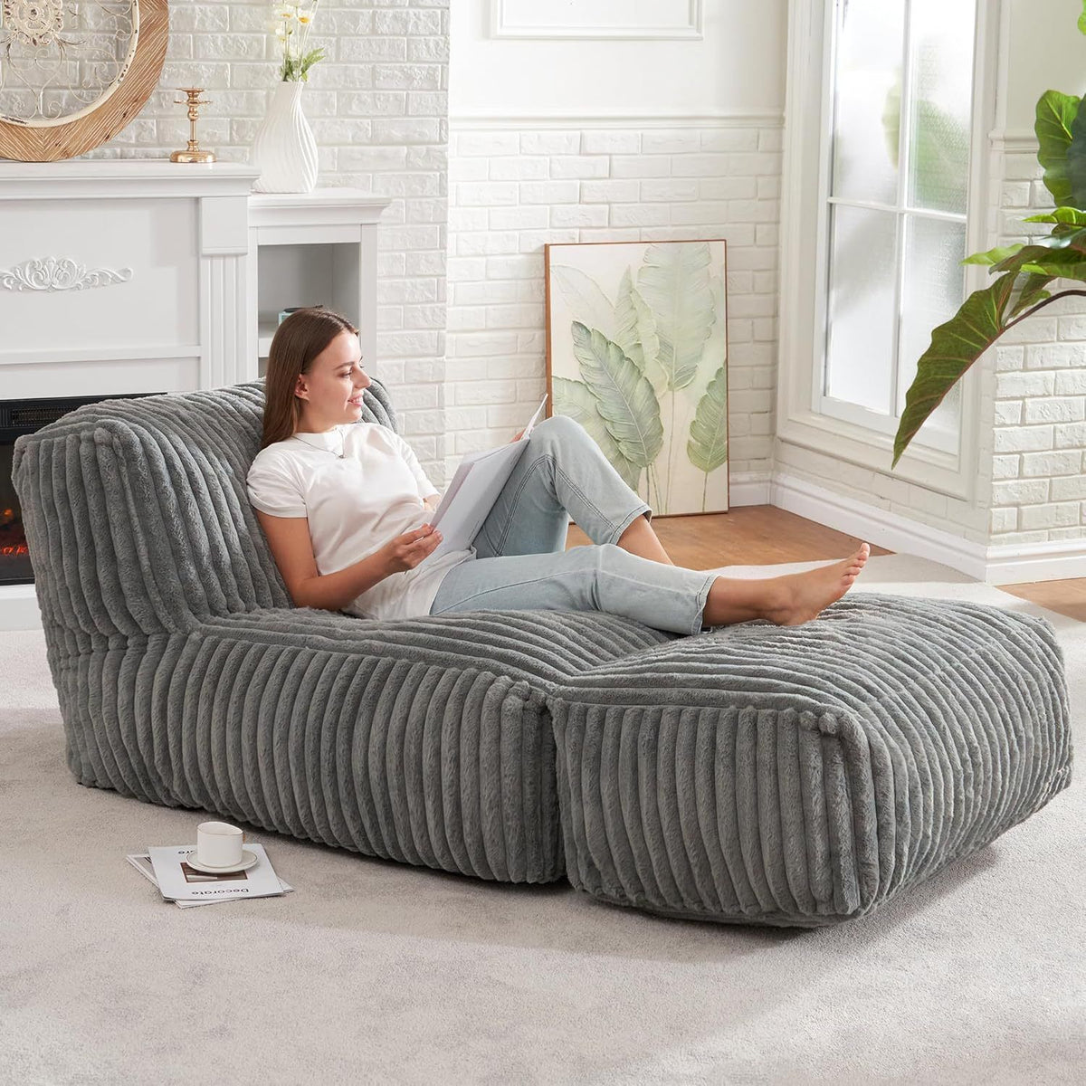 Ergonomic Bean Bag Chaise Lounger with Vertical Plush Fabric and High-Density Foam for Living Room Reading, Napping, and TV Watching (Khaki)