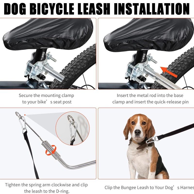 Bike Dog Leash with Shock-Absorbing Spring Bracket – Hands-Free Cycling Dog Walker for Outdoor Adventures, City Streets, and Suburban Trails, Secure Metal Mount and Durable Nylon Strap for Safe, Comfortable Joint Rides with Your Furry Companion (Silver)