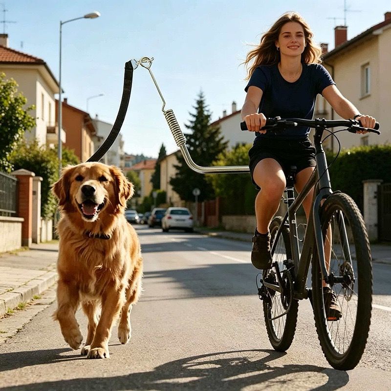 Bike Dog Leash with Shock-Absorbing Spring Bracket – Hands-Free Cycling Dog Walker for Outdoor Adventures, City Streets, and Suburban Trails, Secure Metal Mount and Durable Nylon Strap for Safe, Comfortable Joint Rides with Your Furry Companion (Silver)