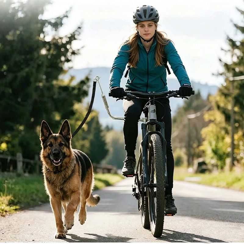 Bike Dog Leash with Shock-Absorbing Spring Bracket – Hands-Free Cycling Dog Walker for Outdoor Adventures, City Streets, and Suburban Trails, Secure Metal Mount and Durable Nylon Strap for Safe, Comfortable Joint Rides with Your Furry Companion (Silver)