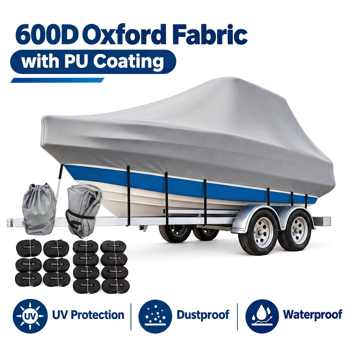 600D Oxford Fabric Boat Cover with UV and Waterproof PU Coating, Fits T-Top and JUMBO Boats, Protects Against Sun, Dust, and Rain for Outdoor Storage and Trailer Use (T-TOP Silver Grey, S04)