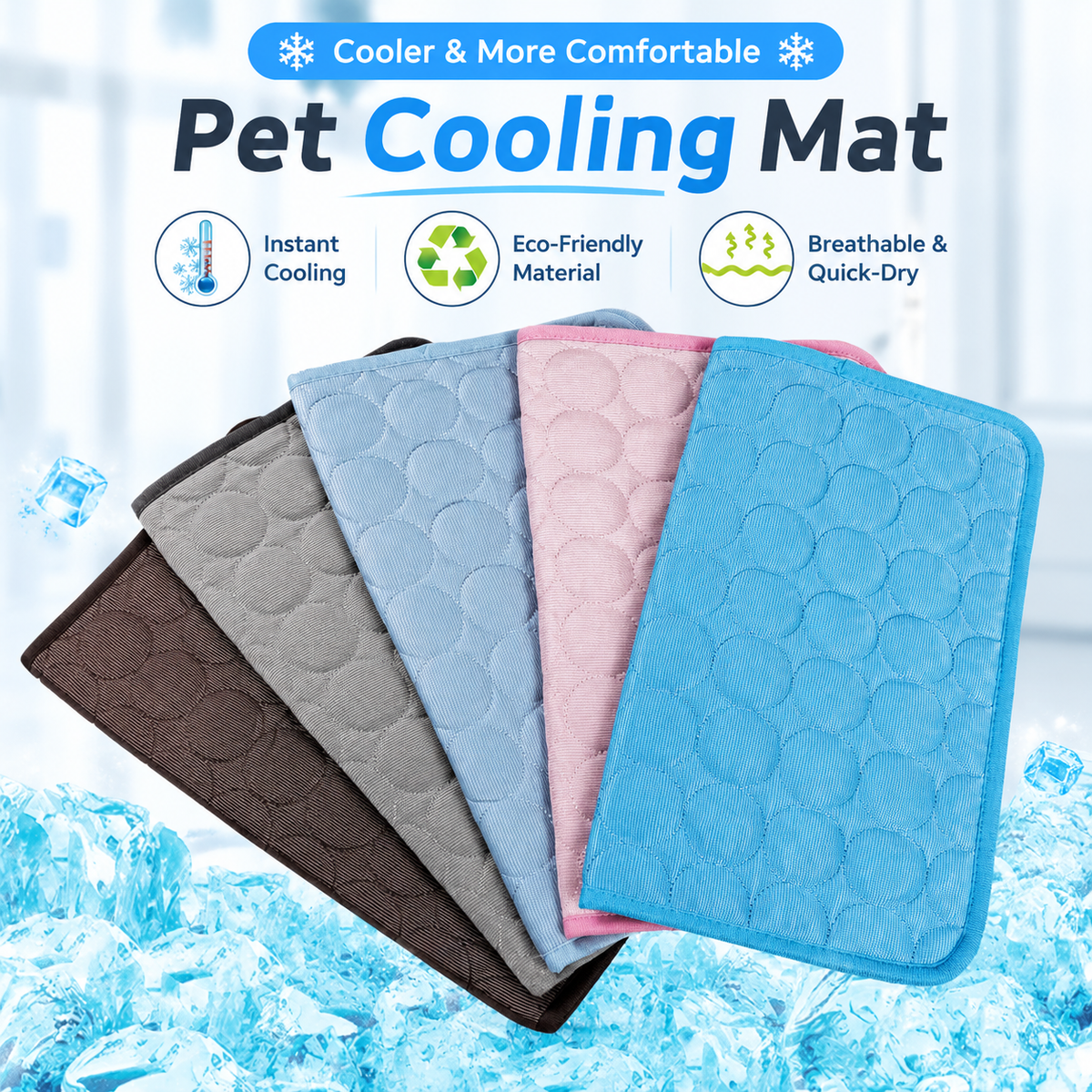 Pet Cooling Mat with Circular Quilted Pattern, Breathable Mesh Fabric and Soothing Gel Layer for Summer Lounging on Sofas, Floors, Crates, Beds, Car Seats and Outdoor Areas (Blue, L)