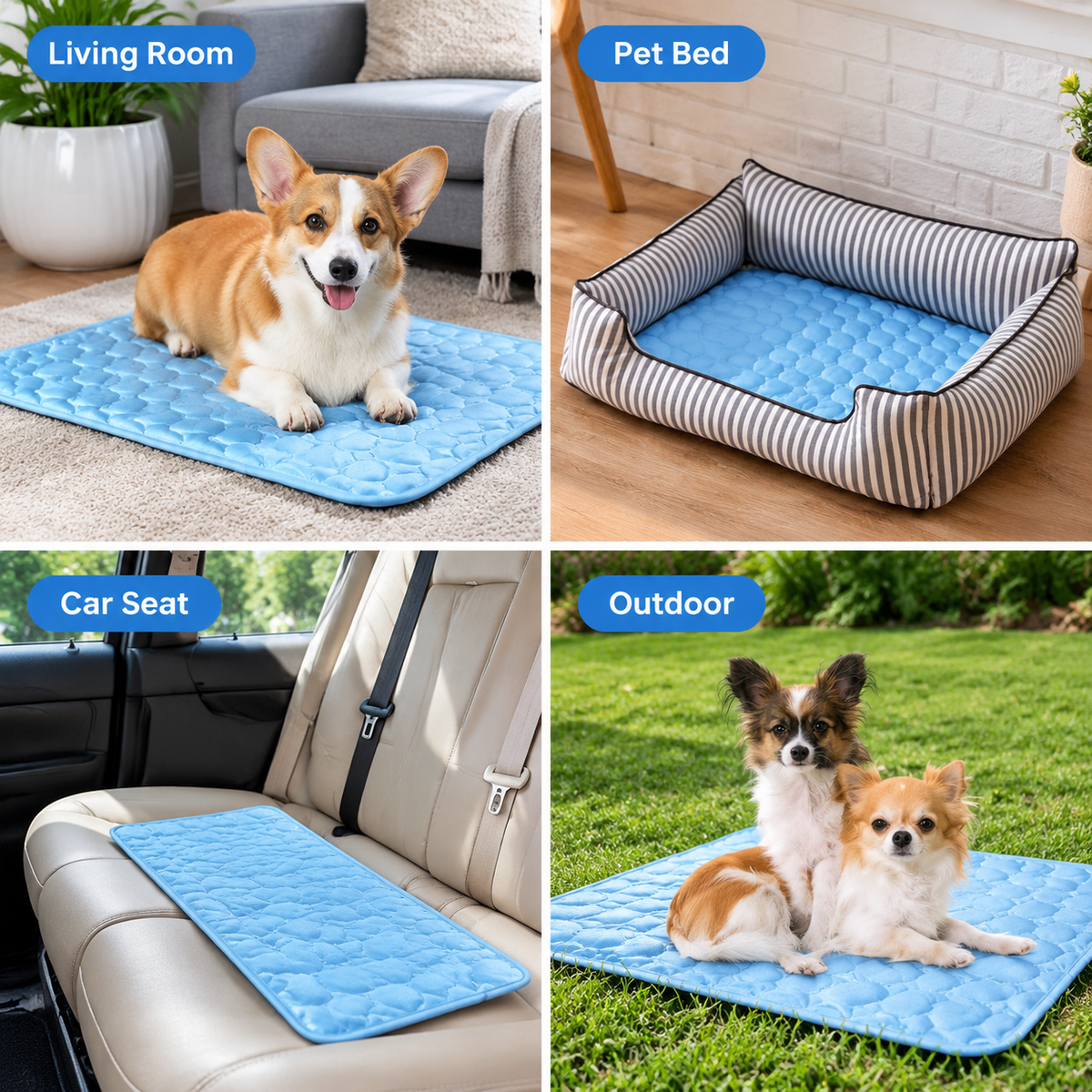 Pet Cooling Mat with Circular Quilted Pattern, Breathable Mesh Fabric and Soothing Gel Layer for Summer Lounging on Sofas, Floors, Crates, Beds, Car Seats and Outdoor Areas (Light Blue, XS)