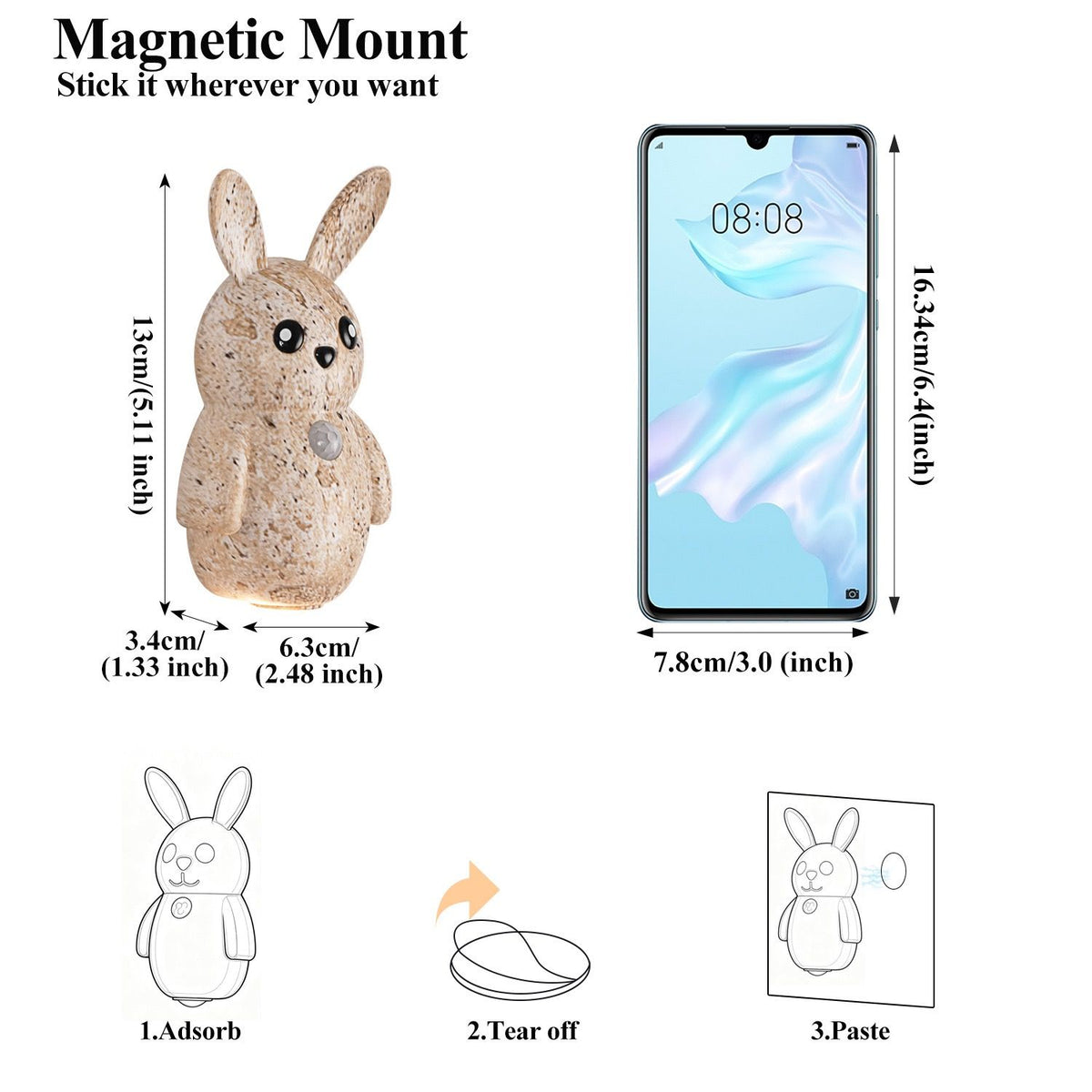 Adorable Cartoon Rabbit LED Motion Sensor Wall Light, Rechargeable Magnetic Cordless Night Lamp for Bedroom, Hallway, Stairs, and Kitchen with Dimmable Brightness and Adjustable Warm-to-Cool Glow (Wood Grain, 3PCS)