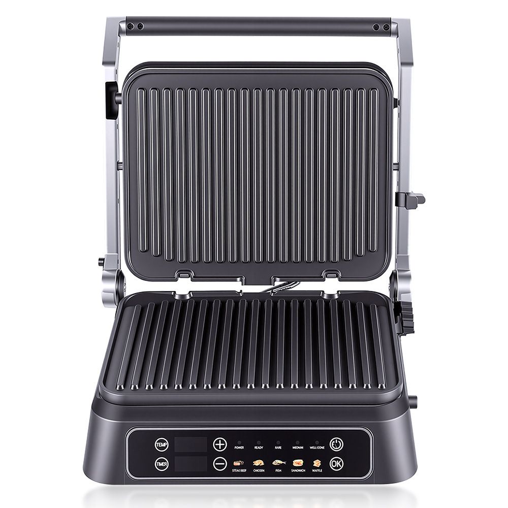 Two-in-One Electric Grill and Sandwich Maker with Interchangeable Non-Stick Plates, 180-Degree Flip-Open Design for Steaks, Paninis, Waffles, and Breakfast Favorites in Home Kitchens (Black)