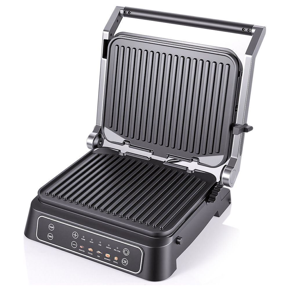 Two-in-One Electric Grill and Sandwich Maker with Interchangeable Non-Stick Plates, 180-Degree Flip-Open Design for Steaks, Paninis, Waffles, and Breakfast Favorites in Home Kitchens (Black)