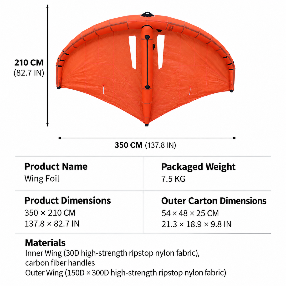 Inflatable Wing Foil with Carbon Fiber Handles, 30D/150D Ripstop Nylon Surface, Portable Hydrofoil Surfing Wing for Open Water Sports, Includes Backpack, Pump and Safety Leash (Orange 6m² Windowed, Rigid Handle | Full Kit)