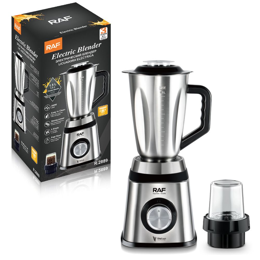 2-in-1 Electric Blender and Grinder with Stainless Steel Body, 1.5L Large Capacity Jar and Compact Glass Grinding Cup for Smoothies, Juices, Coffee Beans and Dry Ingredients (Silver)