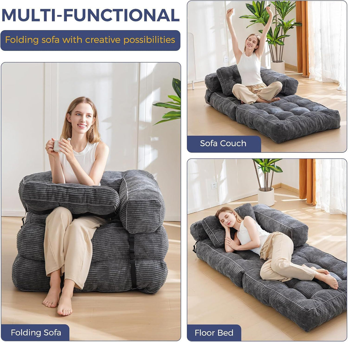 Foldable Corduroy Sofa Bed with Quilted Buttons and Pillow, Convertible Lounger for Reading, Gaming, Napping, and Relaxing at Home (Black)