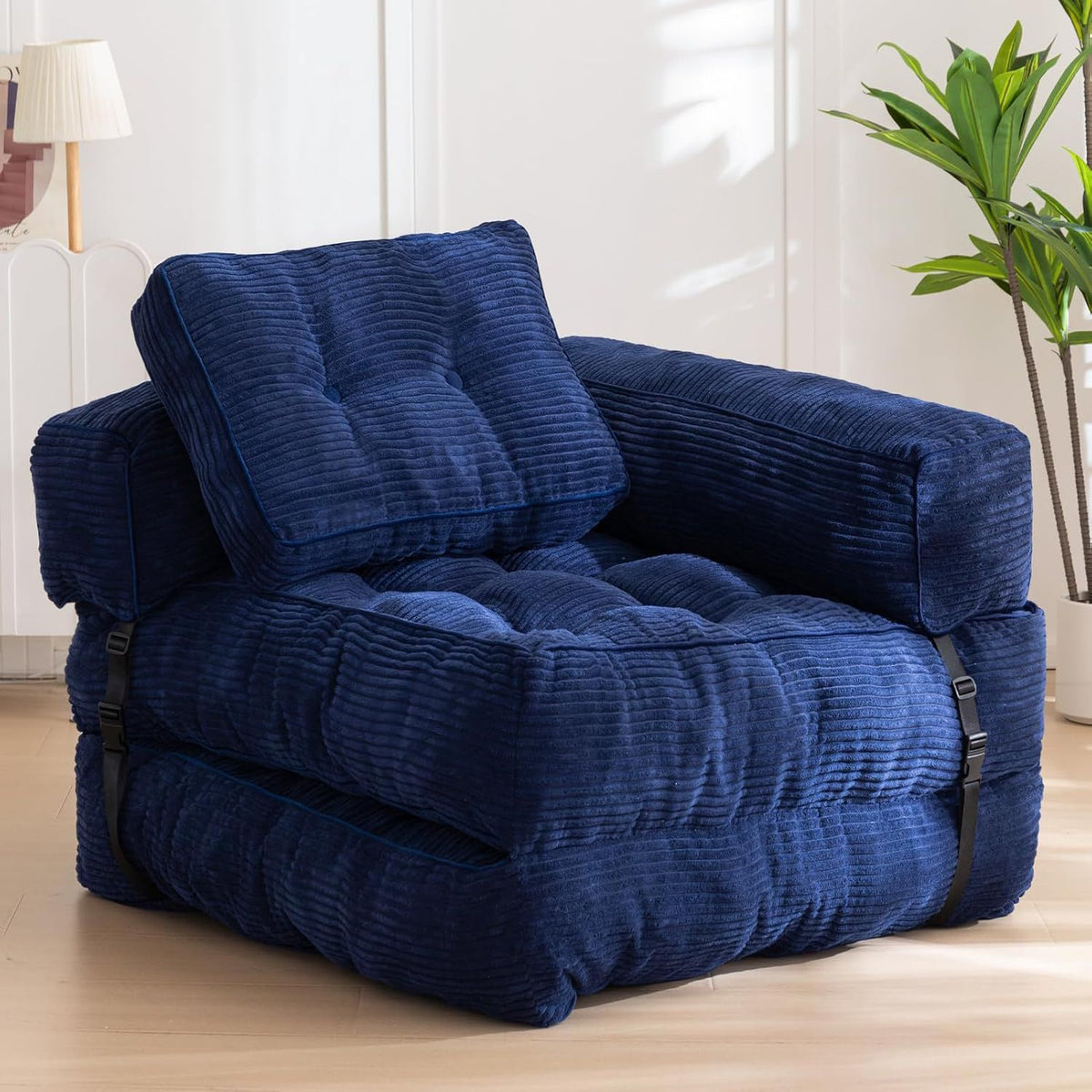 Foldable Corduroy Sofa Bed with Quilted Buttons and Pillow, Convertible Lounger for Reading, Gaming, Napping, and Relaxing at Home (Black)