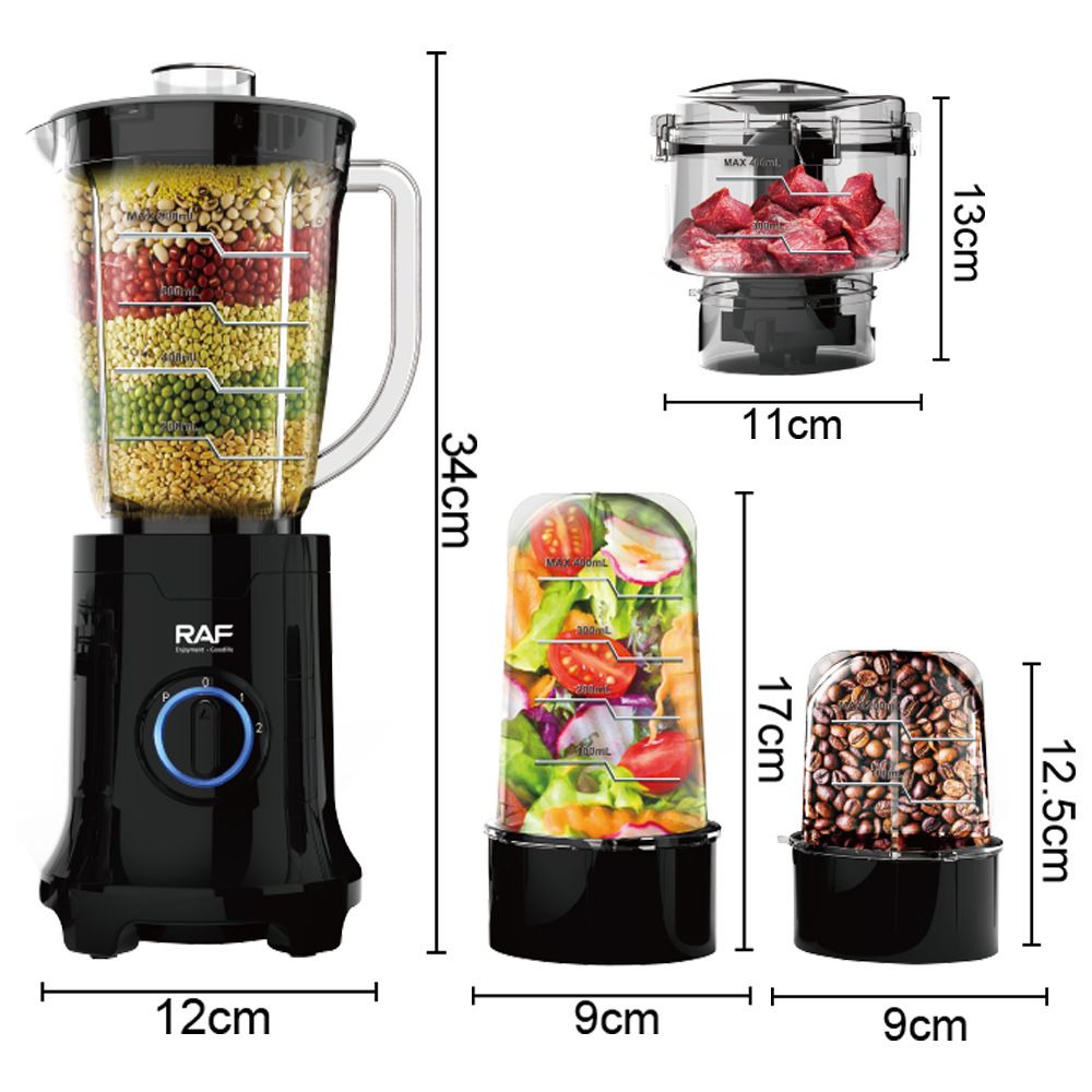 Four-in-One Electric Food Processor Blender with Multi-Function Cups for Juicing, Meat Grinding, Coffee Bean Milling and Baby Food Prep in Home Kitchens (Black)
