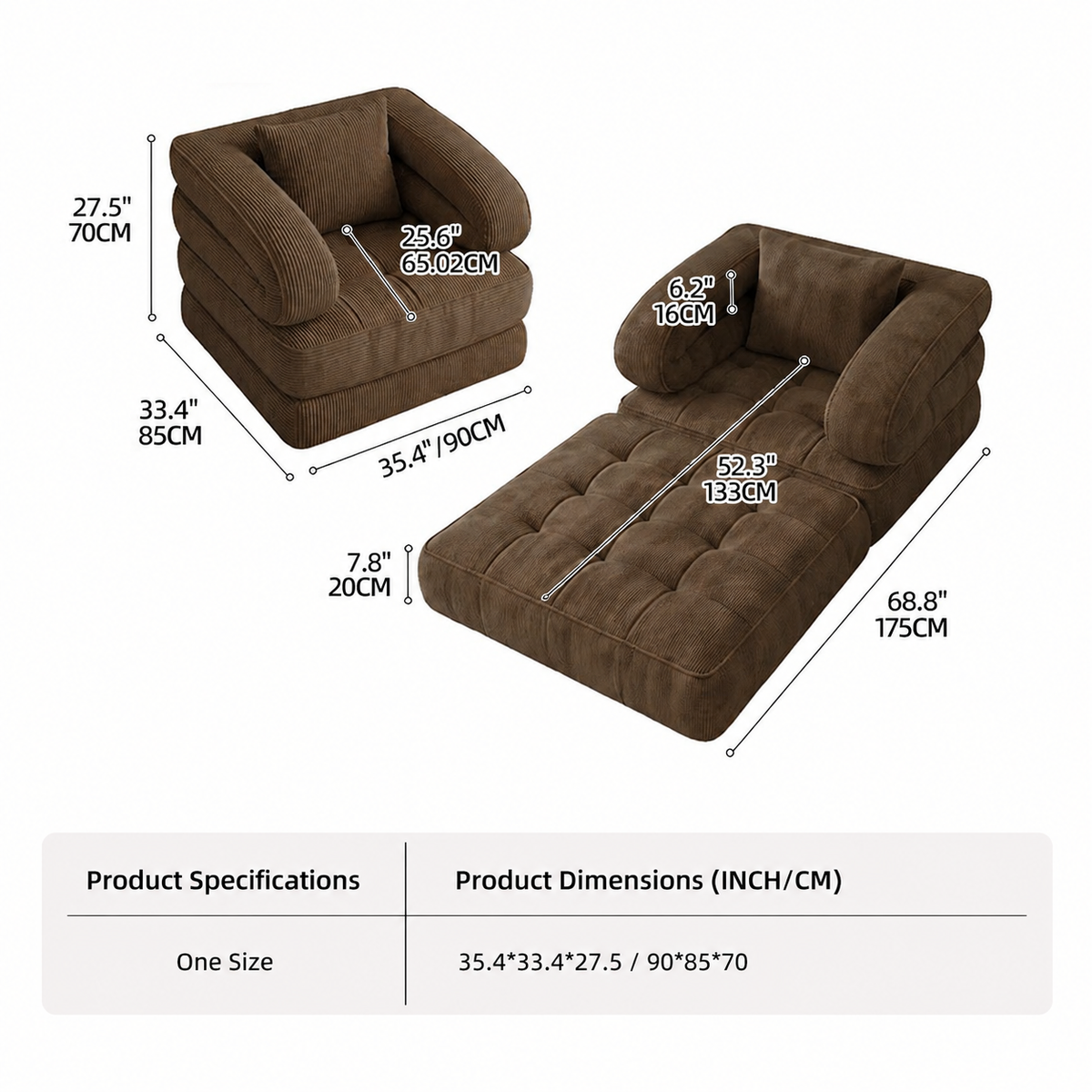 Foldable Multi-Functional Lounger Sofa with Corduroy Cover and High-Density Foam for Living Room Relaxation, Napping, and Lounging (Beige)