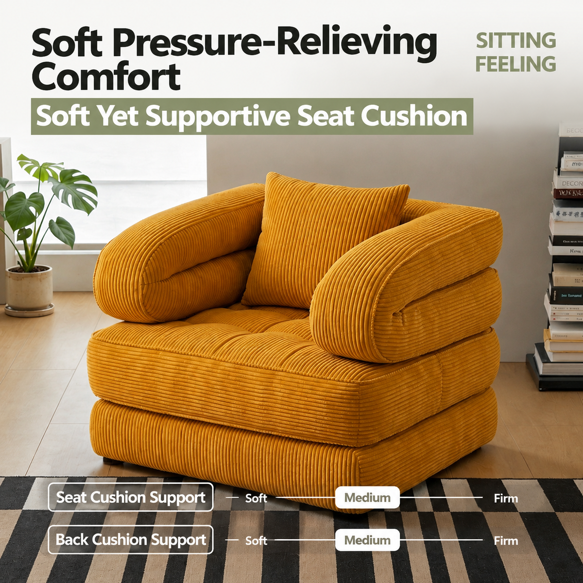 Foldable Multi-Functional Lounger Sofa with Corduroy Cover and High-Density Foam for Living Room Relaxation, Napping, and Lounging (Brown)