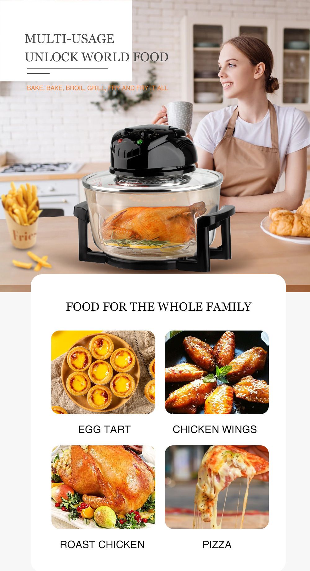 Three-in-One Visual Convection Air Fryer with 12L Large Capacity, 360° Circulating Heat, Low-Oil Cooking for Roast Chicken, Fries, Wings, Pizza and Daily Family Meals (Transparent)