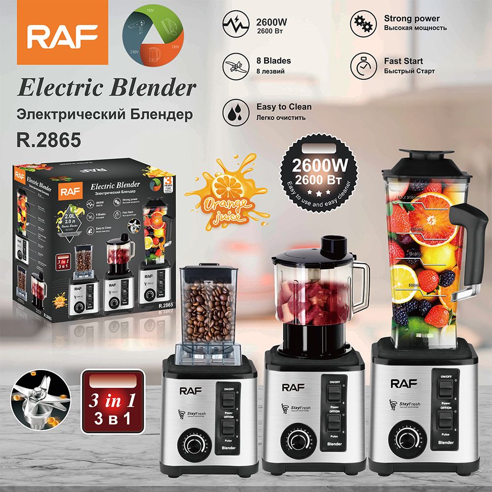 3-in-1 Multifunctional Electric Blender with Stainless Steel Body and Three Interchangeable Jars for Juicing, Grinding, and Food Prep in the Home Kitchen (Silver)
