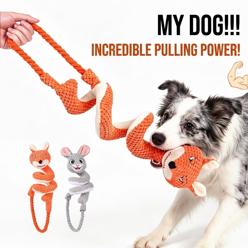 Spiral Plush Tug Toy for Large Dogs with Crinkle Sound and Durable Cotton Rope, Fox & Rabbit Designs – Perfect for Tug-of-War, Fetch, and Chewing Fun Indoors and Outdoors (Fox)