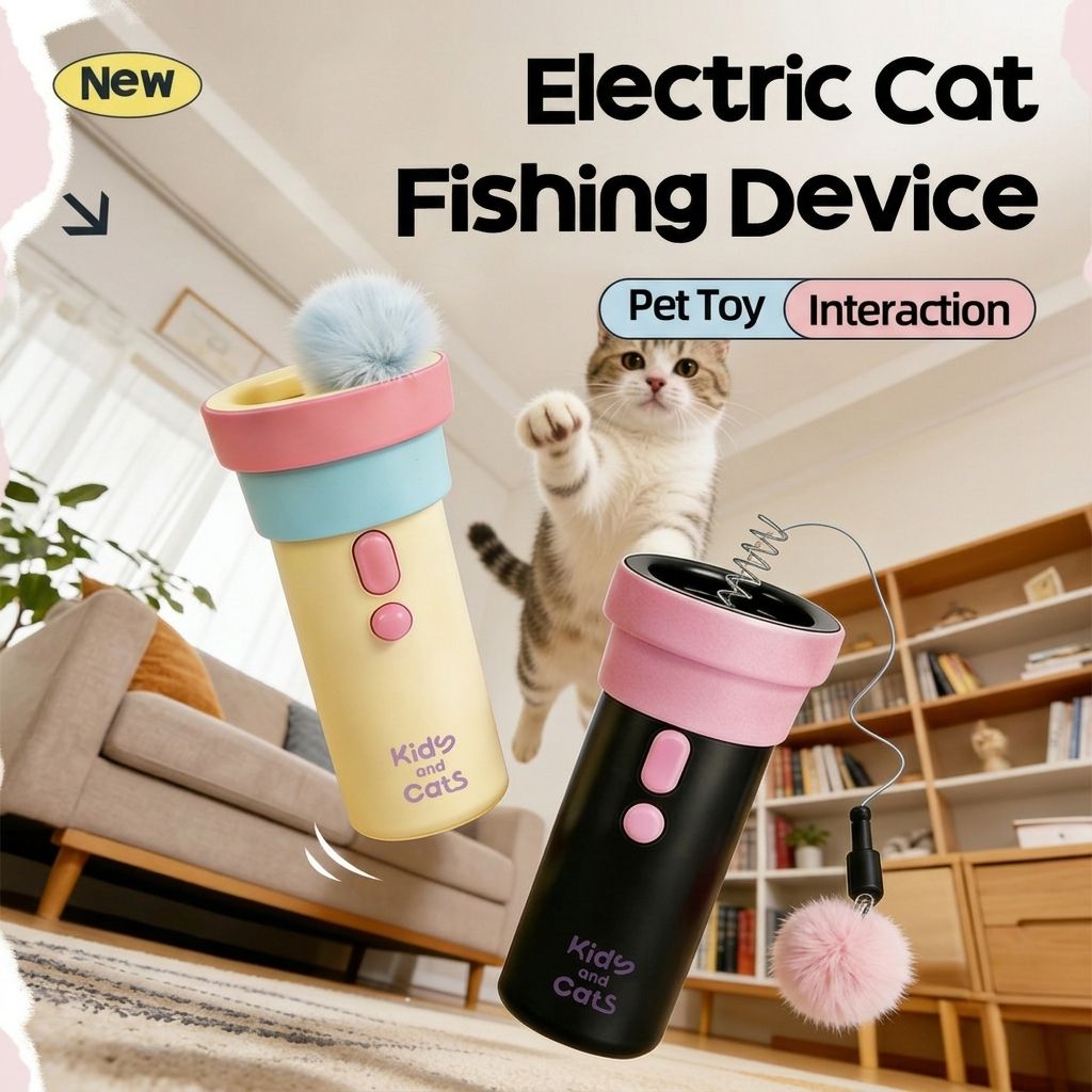Interactive Electric Cat Fishing Toy with Retractable Feather Wand, Auto-Play Mode for Indoor Exercise, Handheld or Hands-Free Fun to Spark Your Cat’s Hunting Instinct, Lightweight and Durable, 3 Vibrant Color Options (Cotton Pink)