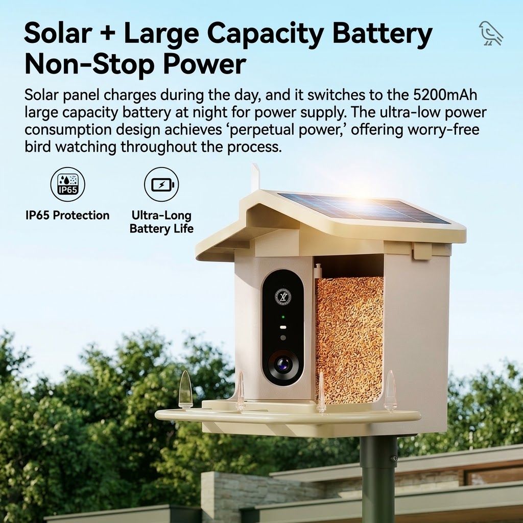 Smart Bird Feeder with 2K-4K Ultra HD AI Bird Recognition, Solar-Powered Outdoor Camera Feeder for Garden, Balcony, or Tree Mounting, Ideal for Bird Watching Enthusiasts and Backyard Wildlife Lovers (1080P, Green)