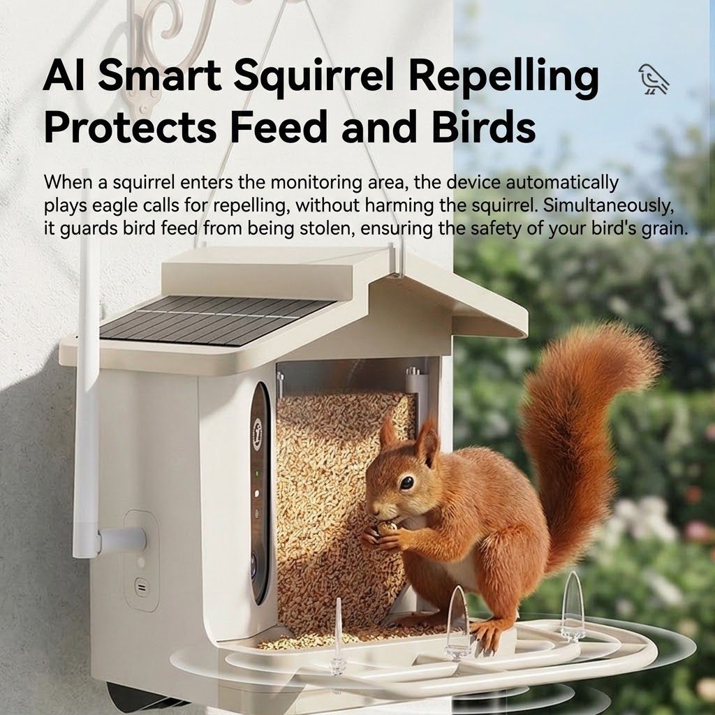 Smart Bird Feeder with 2K-4K Ultra HD AI Bird Recognition, Solar-Powered Outdoor Camera Feeder for Garden, Balcony, or Tree Mounting, Ideal for Bird Watching Enthusiasts and Backyard Wildlife Lovers (2.5K, Khaki)