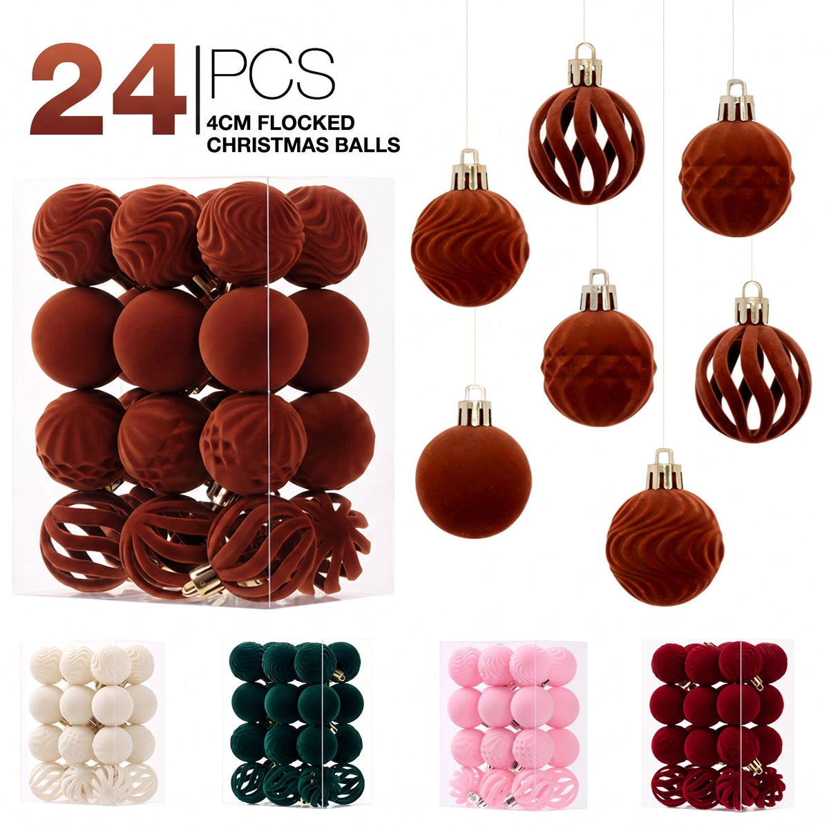 24-Piece Flocked Christmas Ball Ornament Set in Four Textured Styles, 4cm Hanging Decors for Holiday Tree, Festive Scene Display and Tabletop Atmosphere Enhancement (Burgundy)
