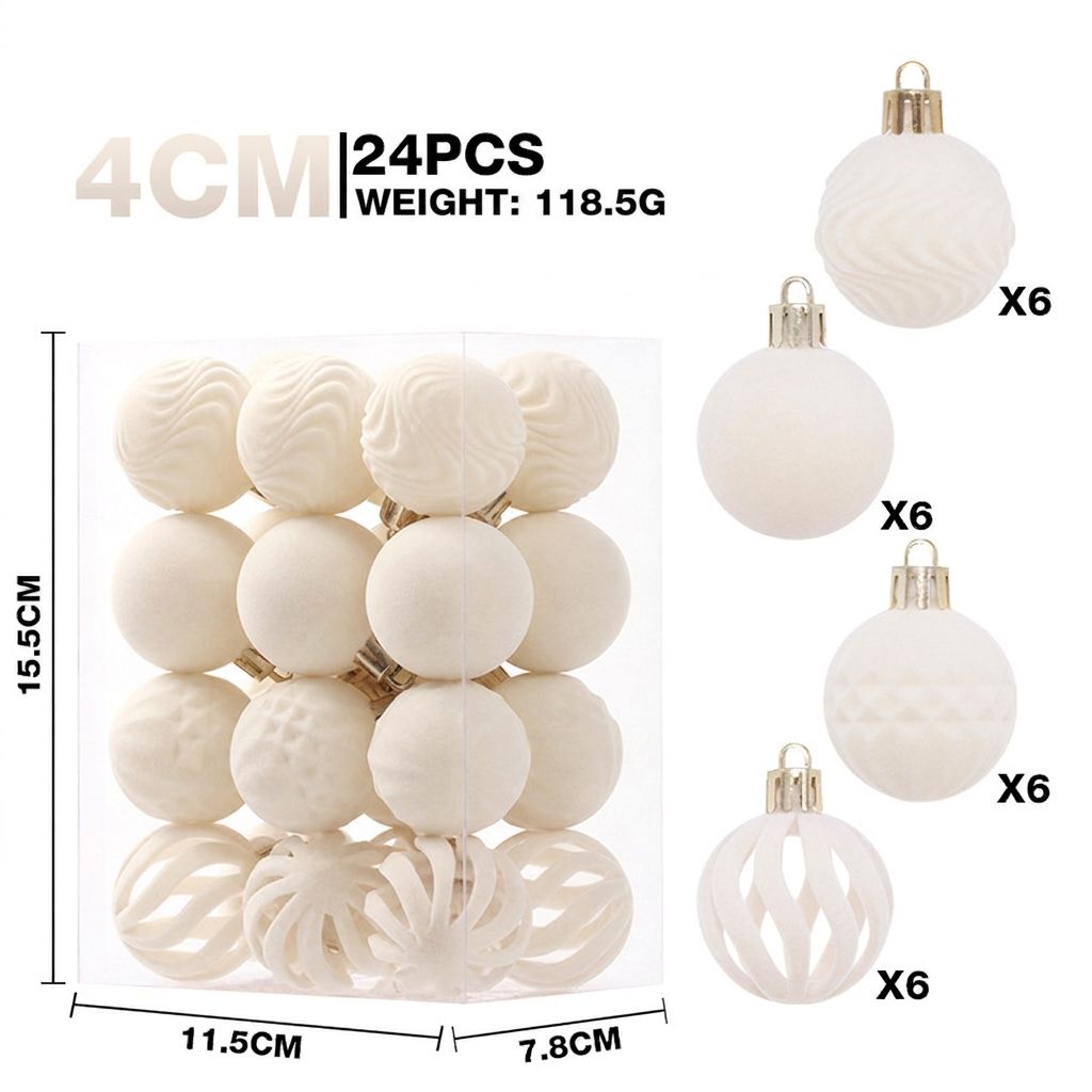 24-Piece Flocked Christmas Ball Ornament Set in Four Textured Styles, 4cm Hanging Decors for Holiday Tree, Festive Scene Display and Tabletop Atmosphere Enhancement (Burgundy)