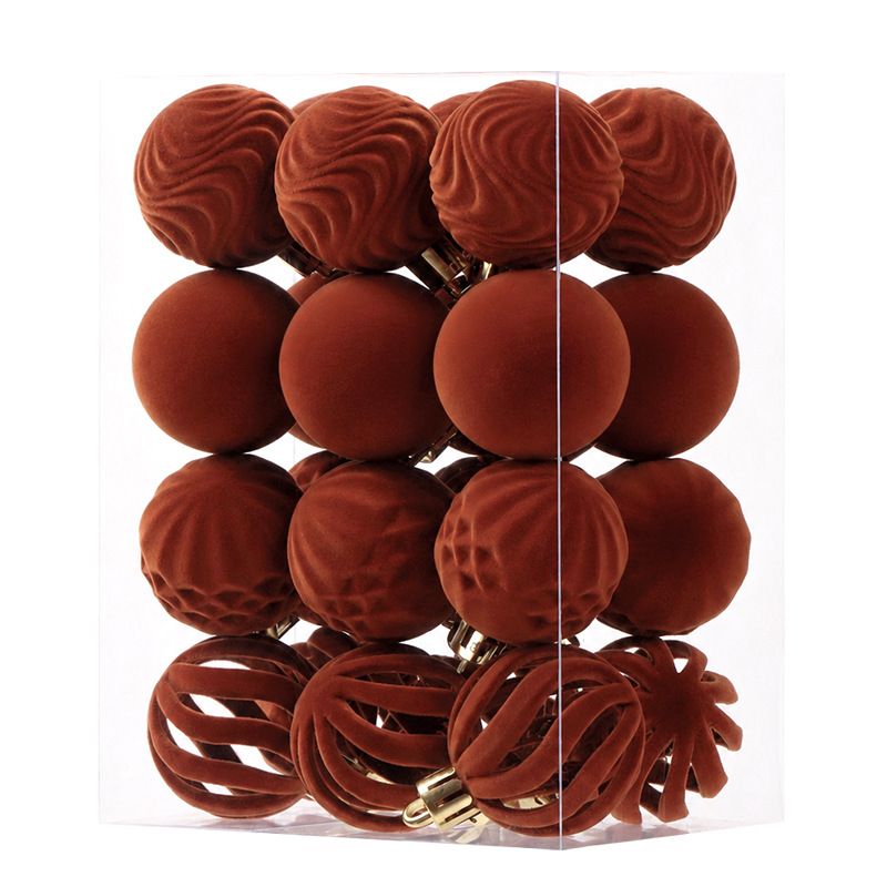 24-Piece Flocked Christmas Ball Ornament Set in Four Textured Styles, 4cm Hanging Decors for Holiday Tree, Festive Scene Display and Tabletop Atmosphere Enhancement (Caramel Brown)
