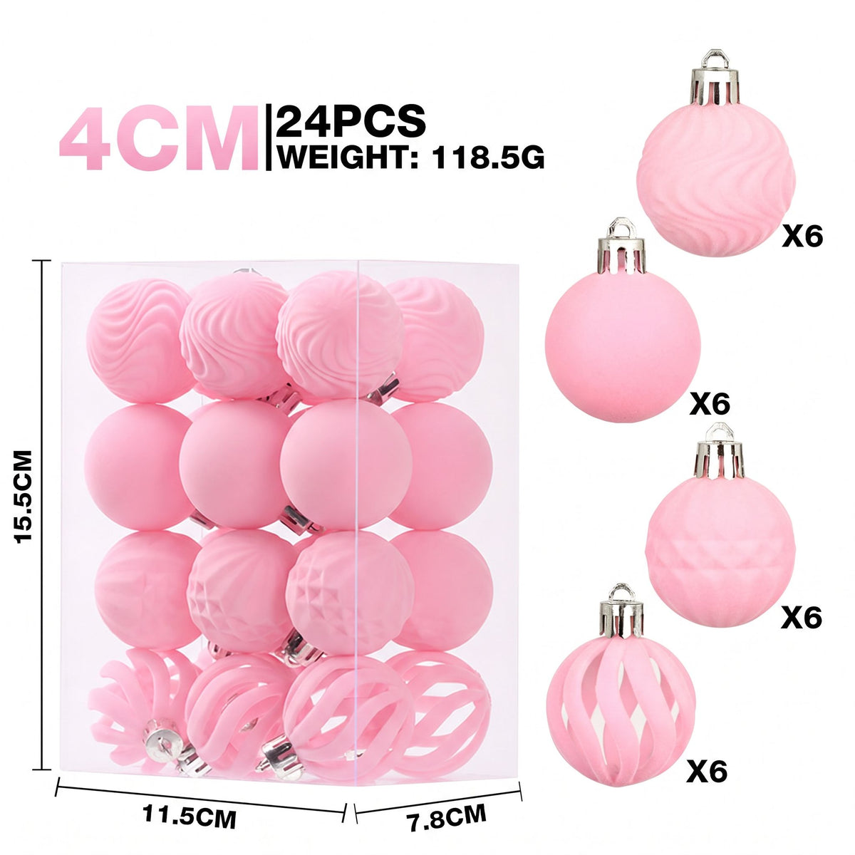 24-Piece Flocked Christmas Ball Ornament Set in Four Textured Styles, 4cm Hanging Decors for Holiday Tree, Festive Scene Display and Tabletop Atmosphere Enhancement (Caramel Brown)