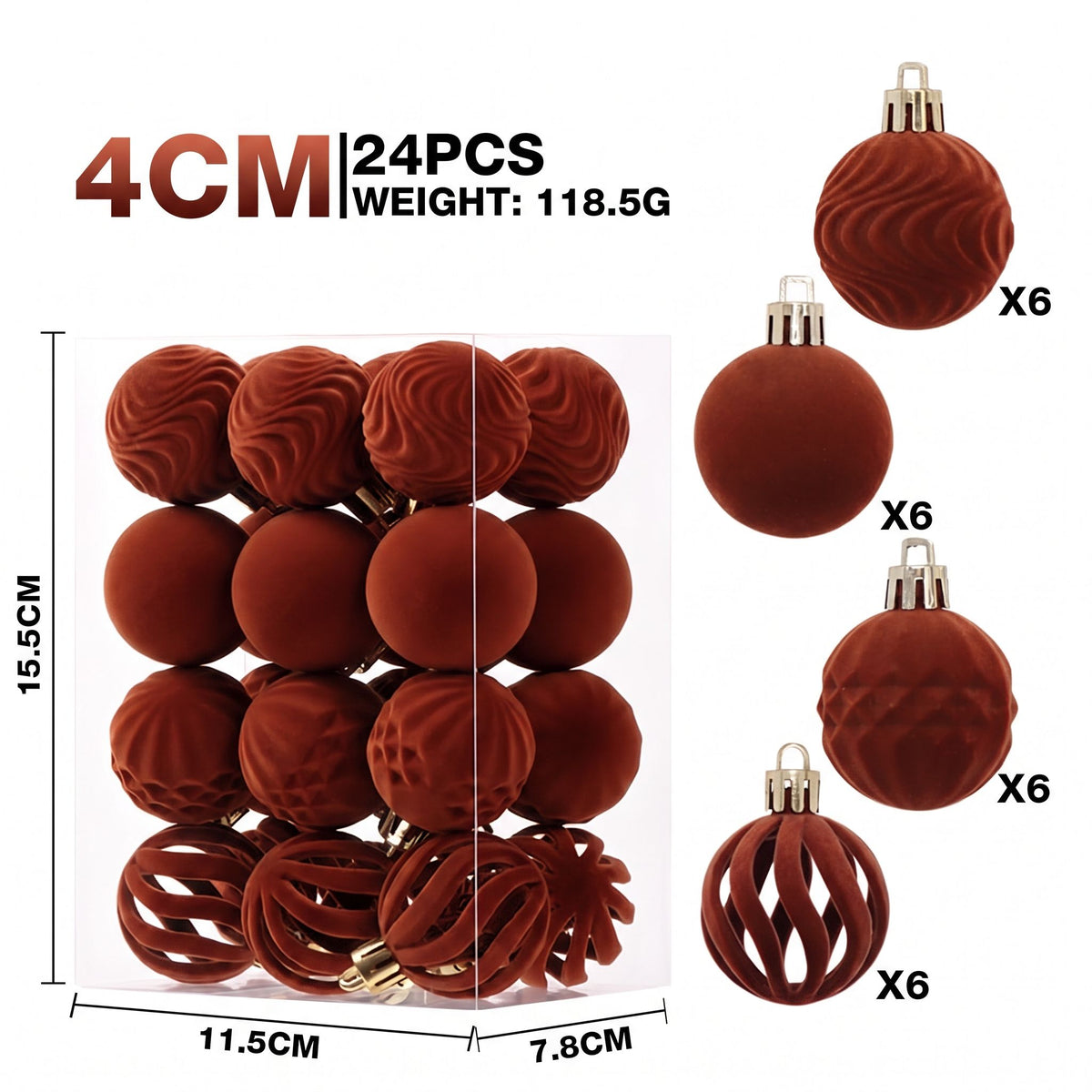 24-Piece Flocked Christmas Ball Ornament Set in Four Textured Styles, 4cm Hanging Decors for Holiday Tree, Festive Scene Display and Tabletop Atmosphere Enhancement (DarkGreen)