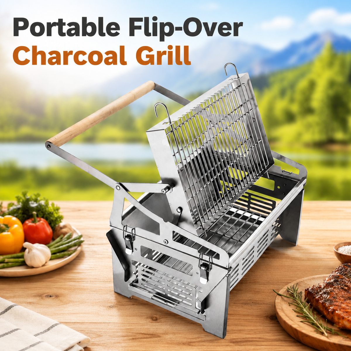 Foldable Portable Flip BBQ Grill and Fire Pit, 304 Stainless Steel Outdoor Camping Picnic Garden Barbecue Stove with Wooden Handle and Storage Bag (Silver)