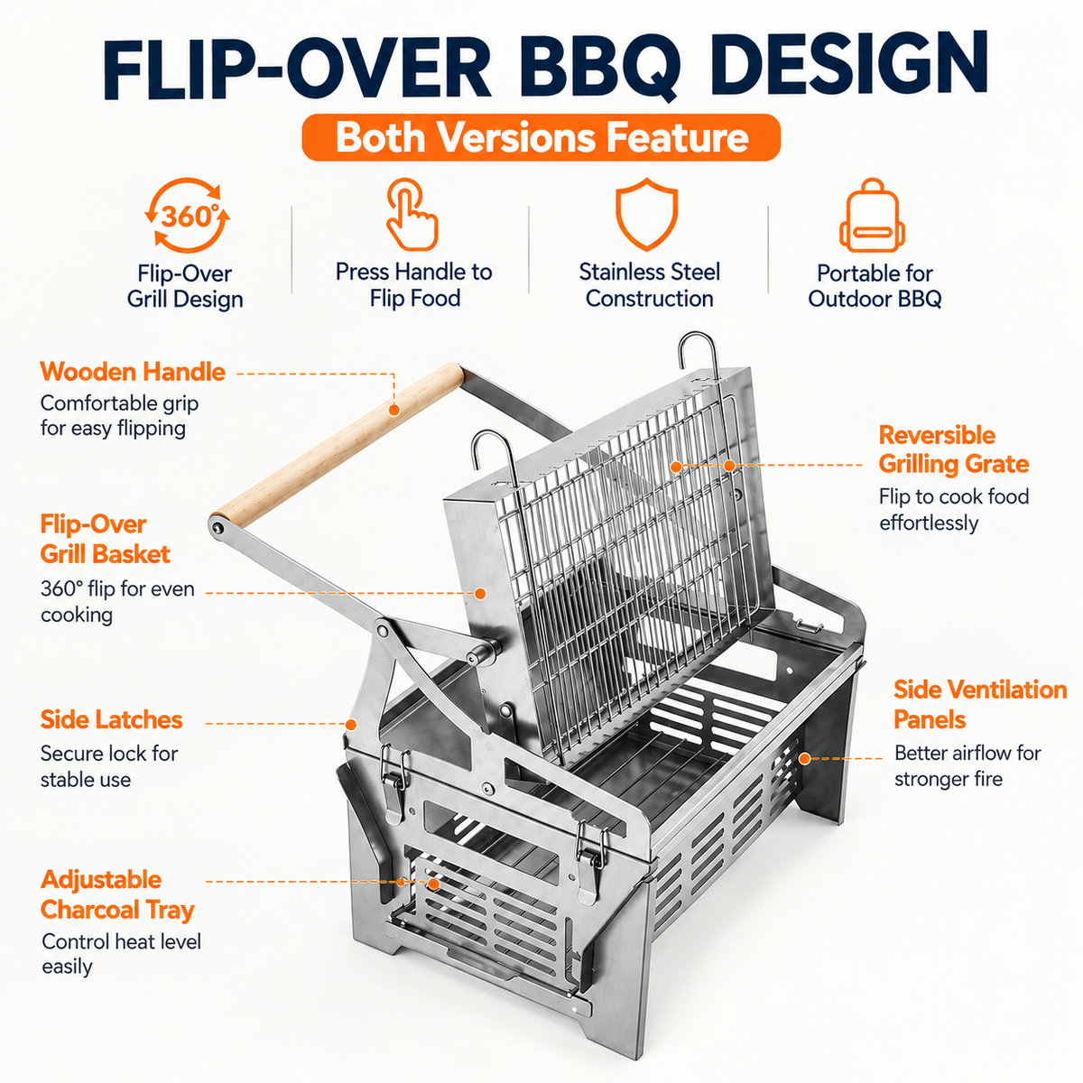 Foldable Portable Flip BBQ Grill and Fire Pit, 304 Stainless Steel Outdoor Camping Picnic Garden Barbecue Stove with Wooden Handle and Storage Bag (Silver)
