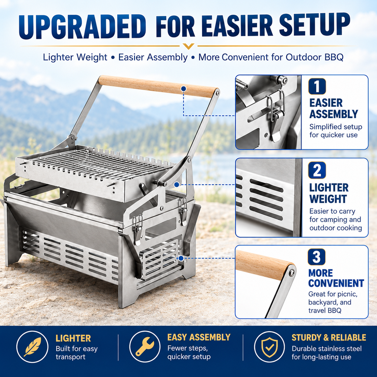 Foldable Portable Flip BBQ Grill and Fire Pit, 304 Stainless Steel Outdoor Camping Picnic Garden Barbecue Stove with Wooden Handle and Storage Bag (Silver)