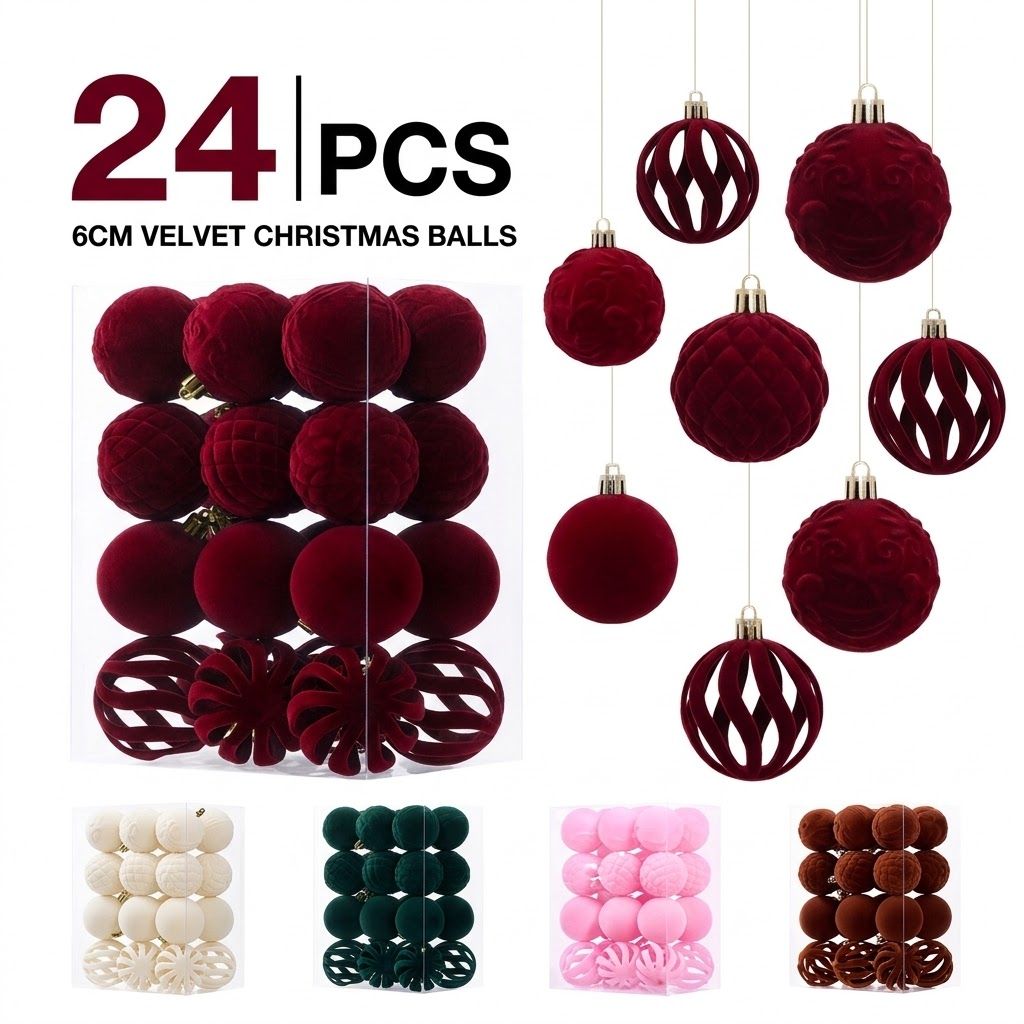 6cm Flocked Christmas Balls Set of 24 with Metal Hangers, Four Textured Styles in Wine Red, Cream White, Pink, Dark Green and Caramel Brown for Tree and Tabletop Holiday Displays (Beige)