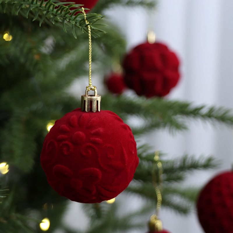 6cm Flocked Christmas Balls Set of 24 with Metal Hangers, Four Textured Styles in Wine Red, Cream White, Pink, Dark Green and Caramel Brown for Tree and Tabletop Holiday Displays (Burgundy)