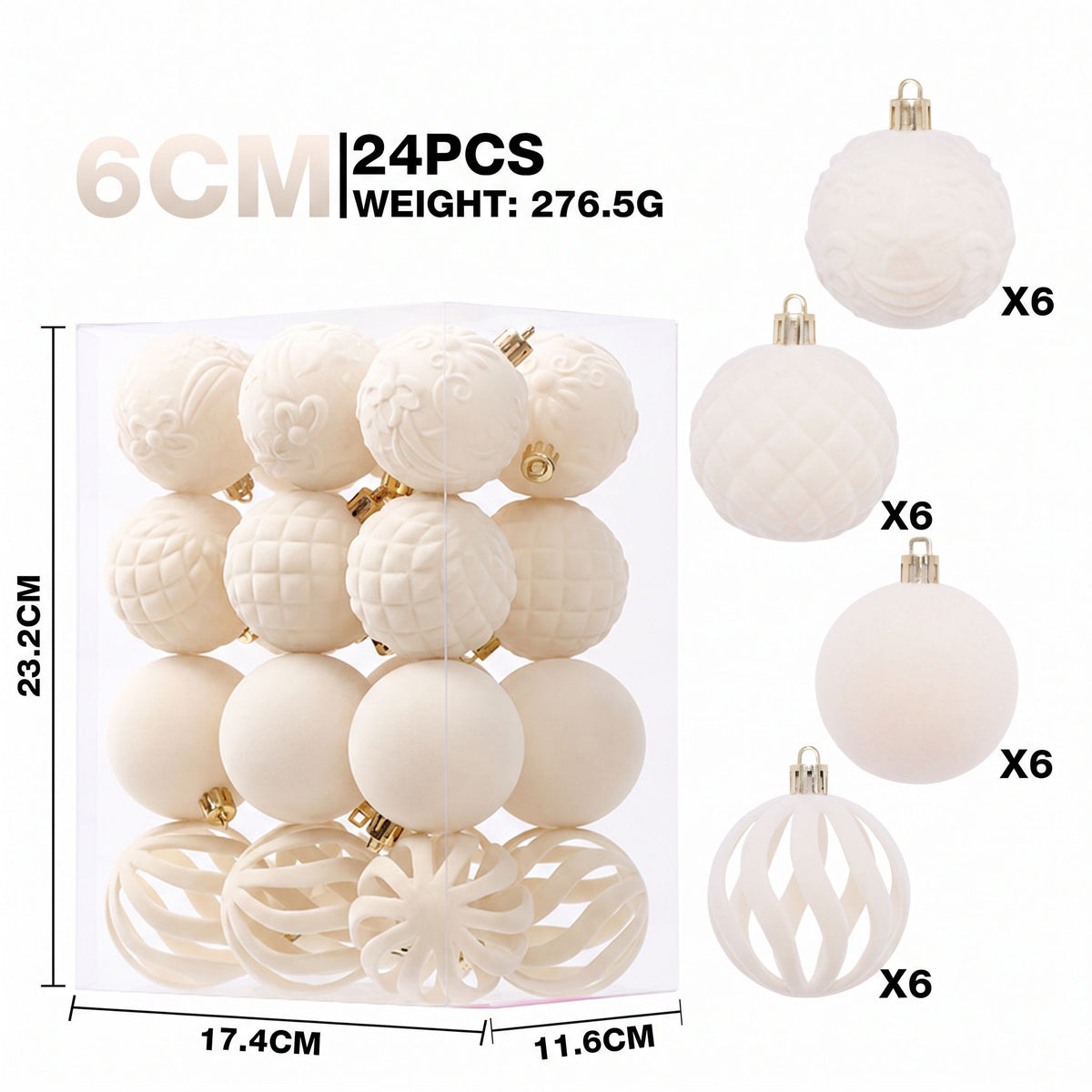6cm Flocked Christmas Balls Set of 24 with Metal Hangers, Four Textured Styles in Wine Red, Cream White, Pink, Dark Green and Caramel Brown for Tree and Tabletop Holiday Displays (Burgundy)