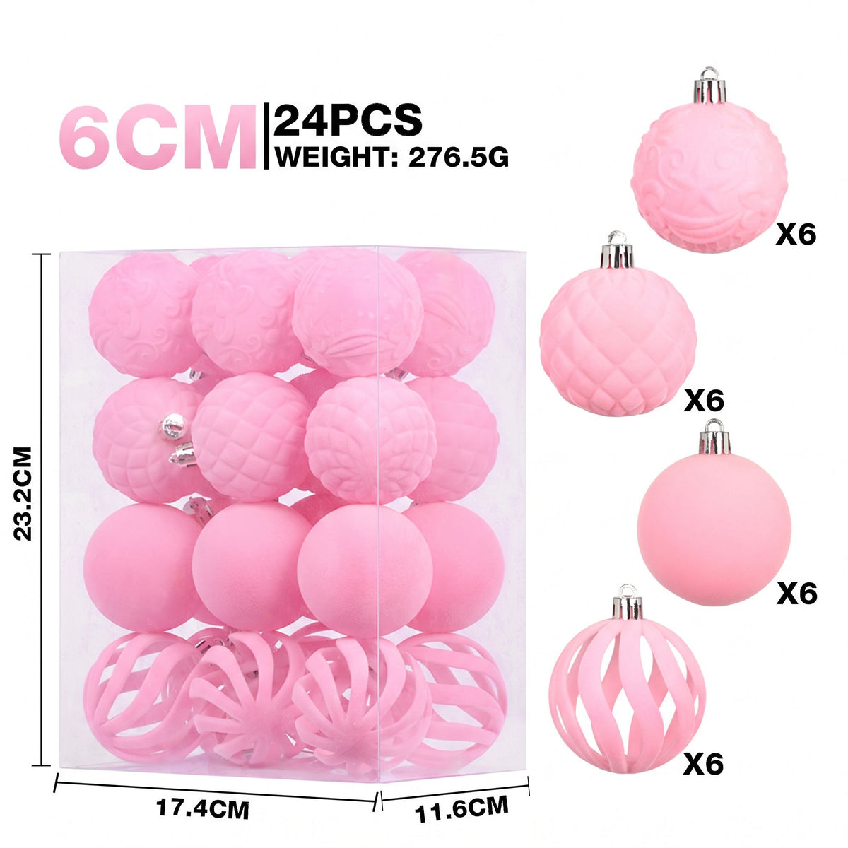 6cm Flocked Christmas Balls Set of 24 with Metal Hangers, Four Textured Styles in Wine Red, Cream White, Pink, Dark Green and Caramel Brown for Tree and Tabletop Holiday Displays (Caramel Brown)