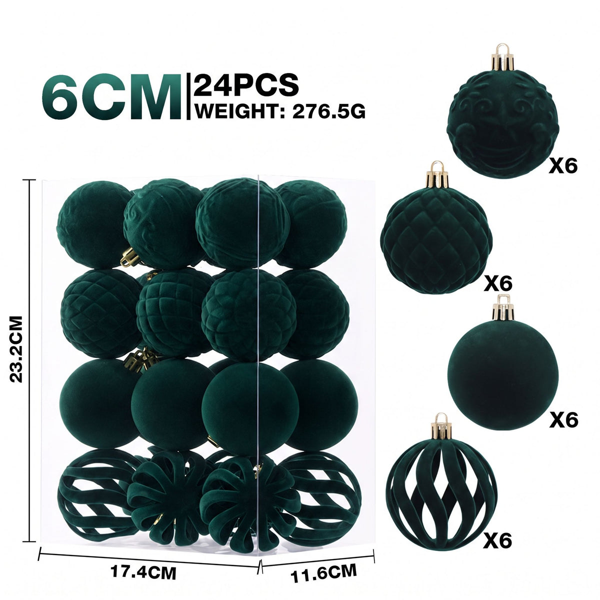 6cm Flocked Christmas Balls Set of 24 with Metal Hangers, Four Textured Styles in Wine Red, Cream White, Pink, Dark Green and Caramel Brown for Tree and Tabletop Holiday Displays (Caramel Brown)