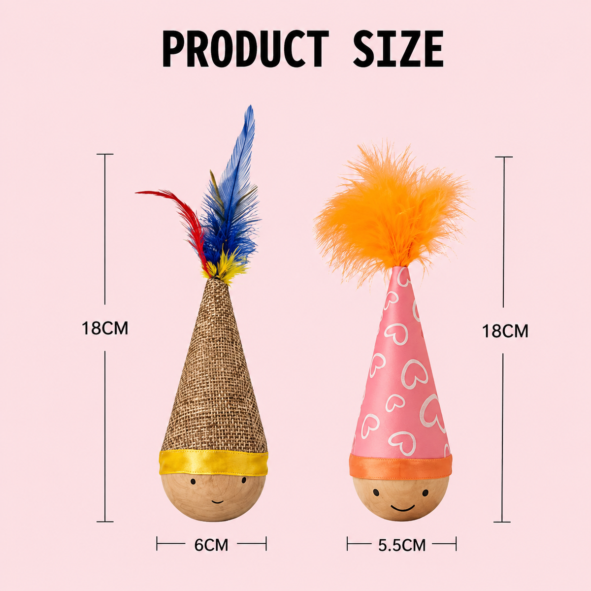 Self-Righting Pet Toy with Natural Wood Base and Durable Fabric Top, Featuring Feather Options and Playful Smile Design, Perfect for Indoor Cats and Small Dogs to Chase, Bat, and Enjoy Endless Fun. (Combo2)