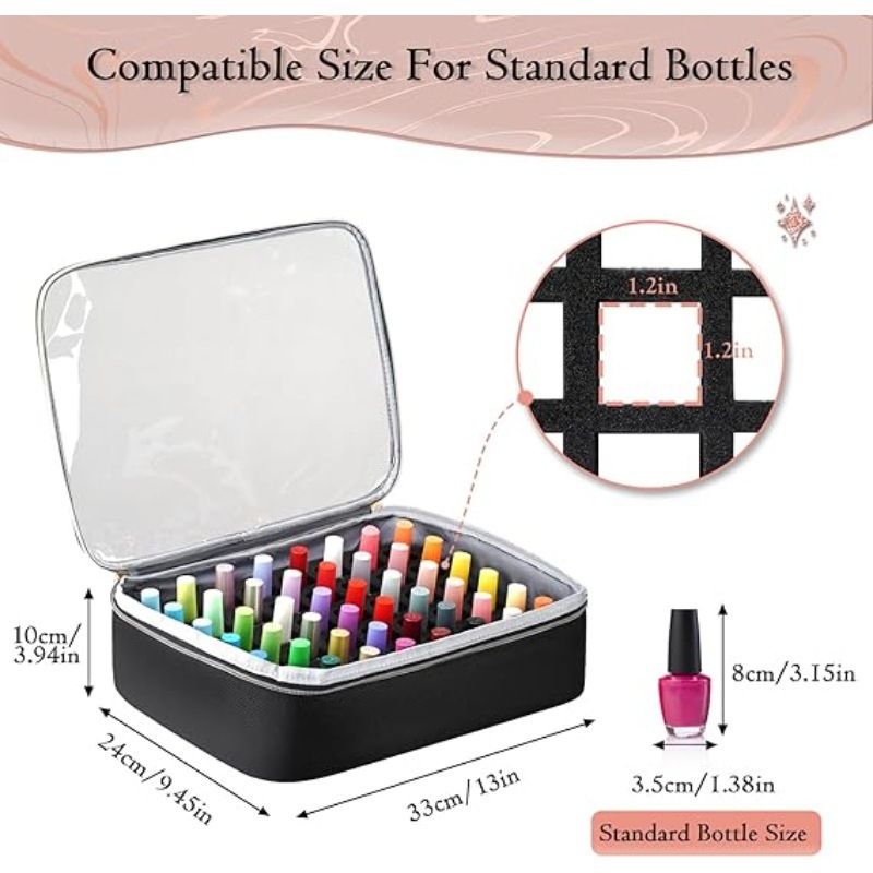 Large Capacity Nail Polish Organizer Bag Double Layer Portable Storage Case with Sponge Dividers for Manicure Tools Cosmetics and Travel Use (Black)