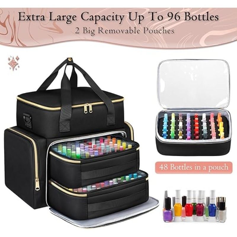Large Capacity Nail Polish Organizer Bag Double Layer Portable Storage Case with Sponge Dividers for Manicure Tools Cosmetics and Travel Use (Black)