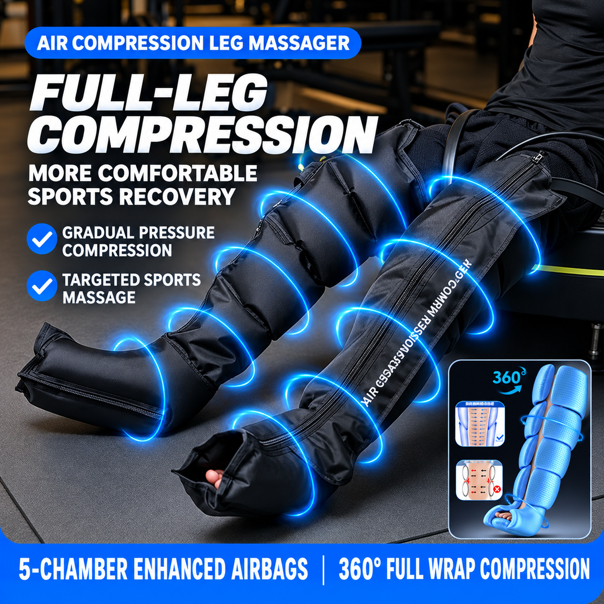 Air Compression Leg Massager Boots for Post-Workout Recovery and Daily Leg Relaxation, Full-Wrap Design with Breathable Fabric and Easy-Grip Zipper, Ideal for Gym and Home Use (Single)