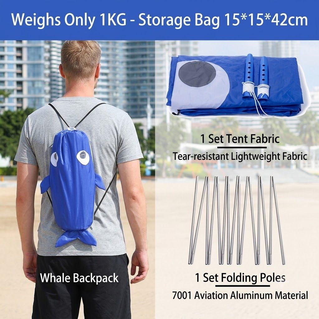 Whale-Shaped Beach Wind Shelter – Ultra-Light 1 kg Portable Sun Shade Tent, Spacious for 2-3 People, Quick Setup Open Design for Seaside Relaxation and Family Outings (Blue)