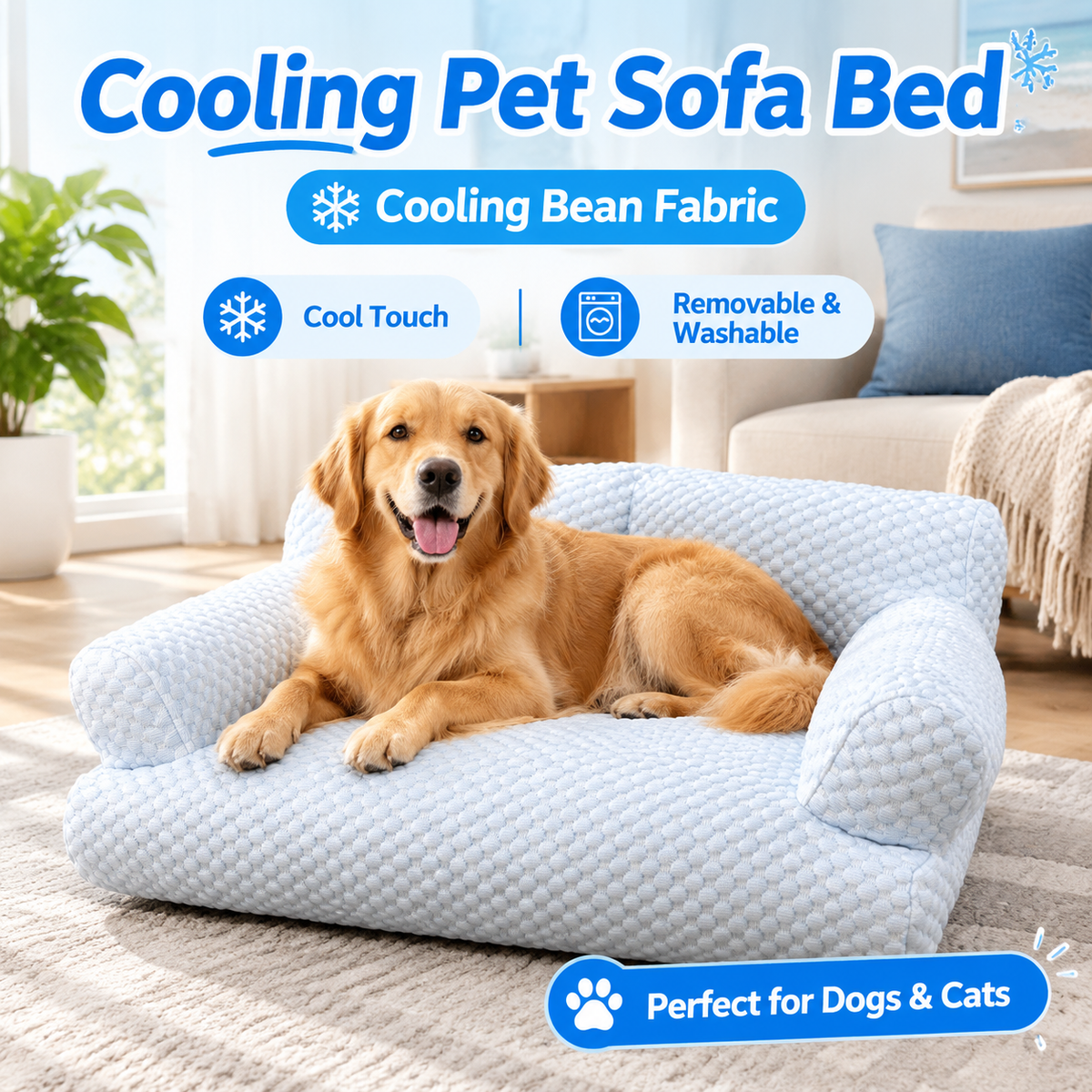 Cooling Pet Sofa Bed for Cats and Dogs, Breathable Ice Silk Bean Fabric with Supportive Edges, Removable Washable Cover, Non-Slip Bottom, Ideal for Summer Lounging in Living Rooms and Bedrooms (Light Grey, 2XL)