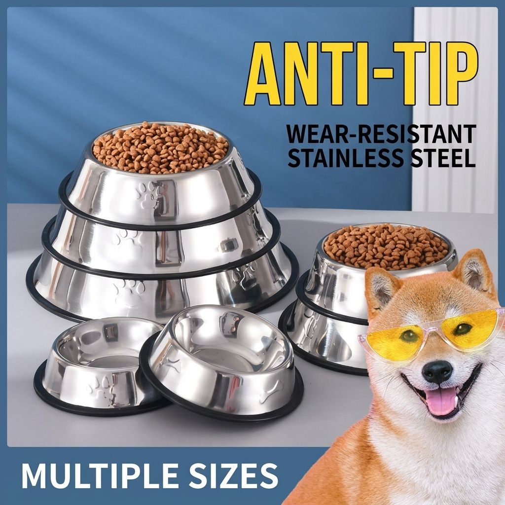 Stainless Steel Anti-Slip Pet Bowl with Rubber Base, Durable Scratch-Resistant Cat and Dog Food Dish, Easy-Clean Water Feeder for All Breeds, Home Feeding Essential with Paw Print Design (Bone, 6)