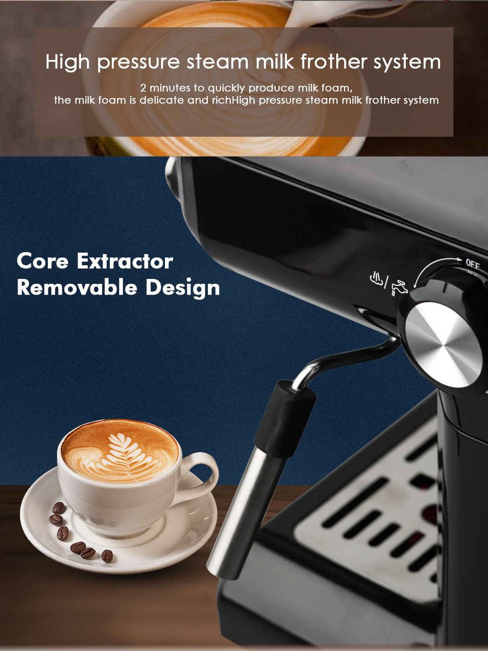 Semi-Automatic Espresso Coffee Machine with Steam Wand for Home and Small Office Use, Dual Cup Extraction, Milk Frother for Cappuccino Latte Macchiato (Ivory)