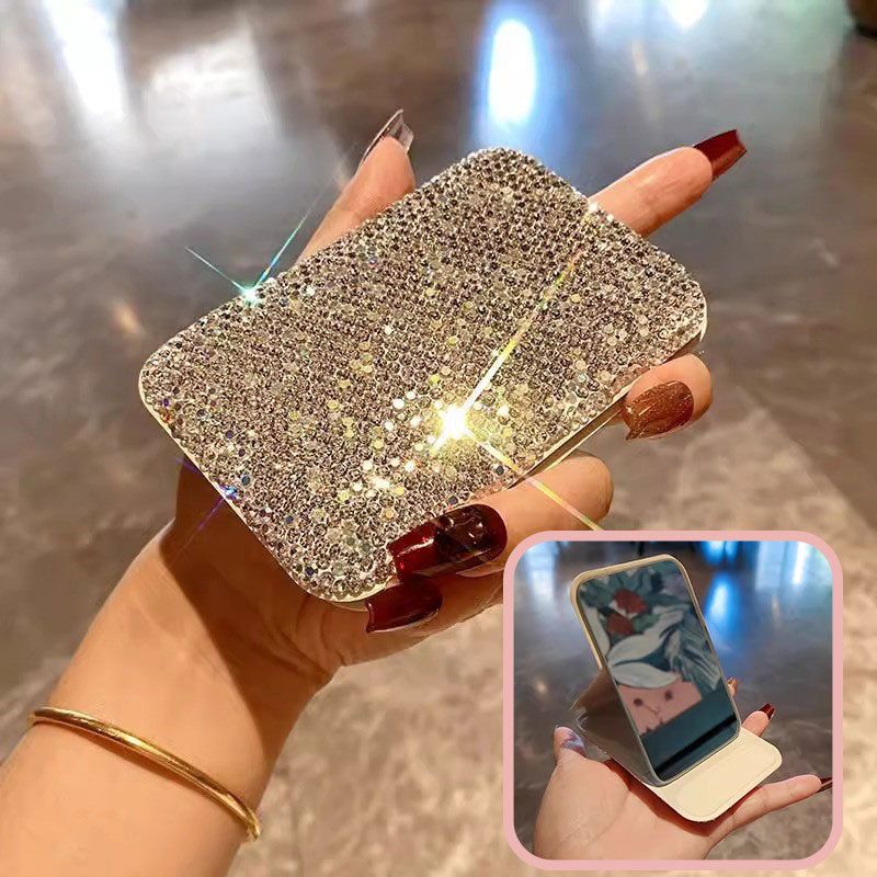 Luxury Rhinestone Mini Folding Compact Mirror Portable Travel Makeup Mirror for Purse Pocket and Desktop Touch-Ups (Silver)